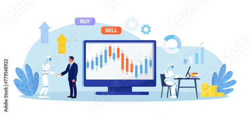 Artificial intelligence, robot trader. Trading bot analyze market data, financial exchange, earning profit. AI for automation trading on stock market. Digital currency market transactions