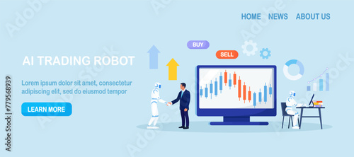 Artificial intelligence, robot trader. Trading bot analyze market data, financial exchange, earning profit. AI for automation trading on stock market. Digital currency market transactions