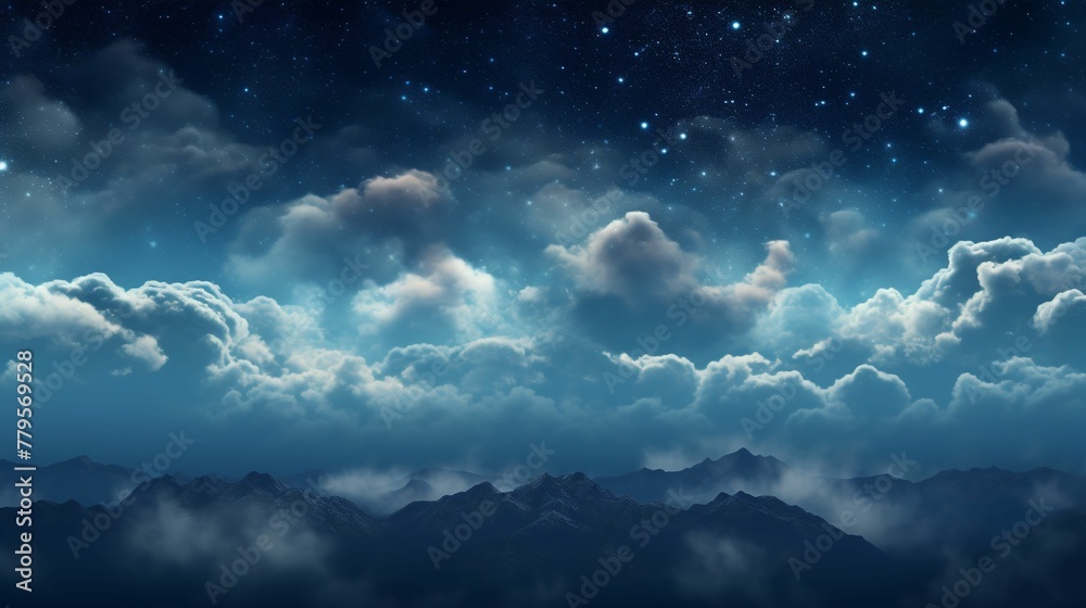 AI generated illustration of a beautiful night sky with clouds, stars and mountains