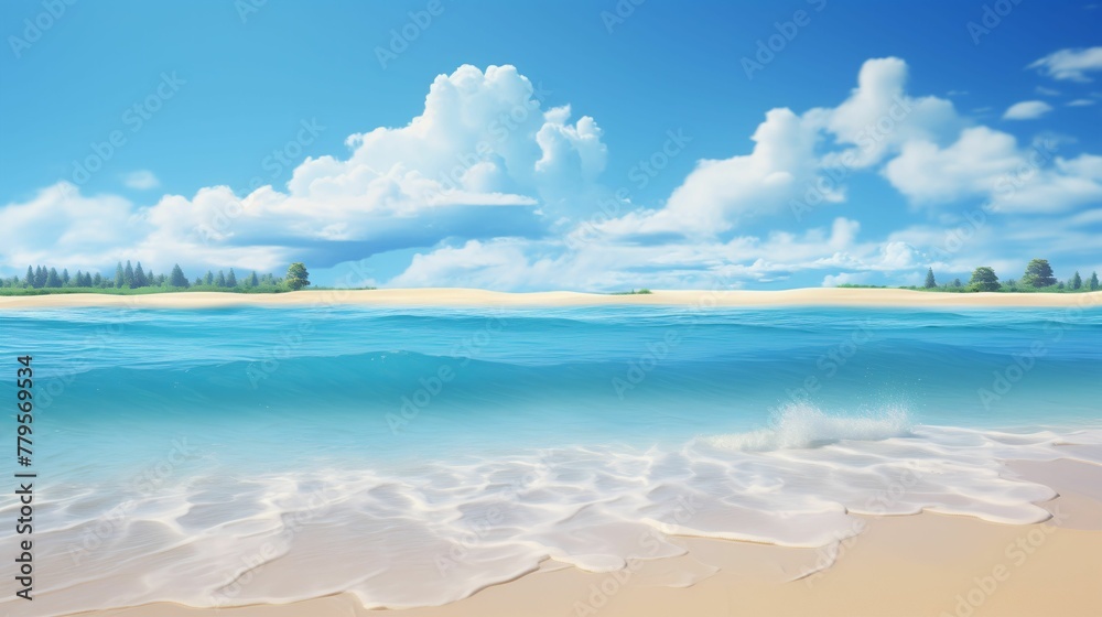 AI generated illustration of a tropical island with palm trees on the sand beach near the ocean