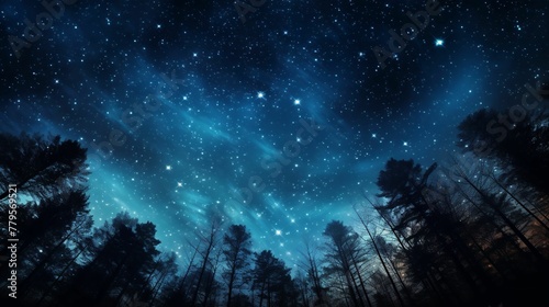 AI generated illustration of a starry sky and some trees are in the dark