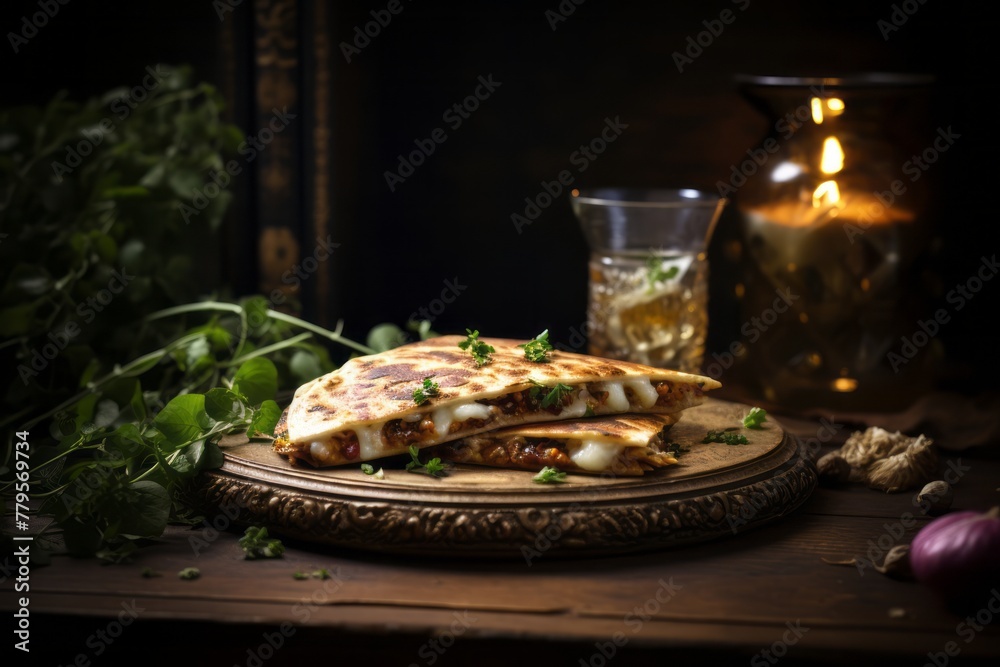 Refined quesadilla on a wooden board against an antique mirror background Refined quesadilla on a wooden board against an antique mirror background