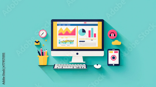 Colorful vector illustration of a desktop workspace with computer displaying graphs, surrounded by office stationery and icons.