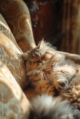 Persian cat lazily sleeping on the sofa, a picture of feline relaxation 🐱💤✨ Pure cozy comfort captured in a furry naptime moment #LazyCatSnooze 🛋️🌙🐾
