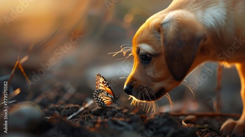Butterfly and puppy close-up. Detailed photo of animal friendship
