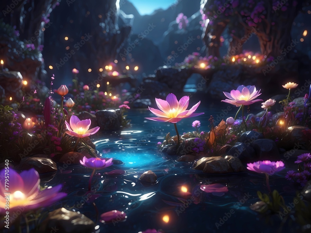 a scene in a fantasy forest with flowers at the water's edge