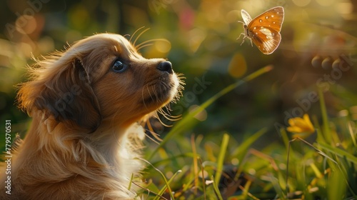 Butterfly and puppy close-up. Detailed photo of animal friendship photo