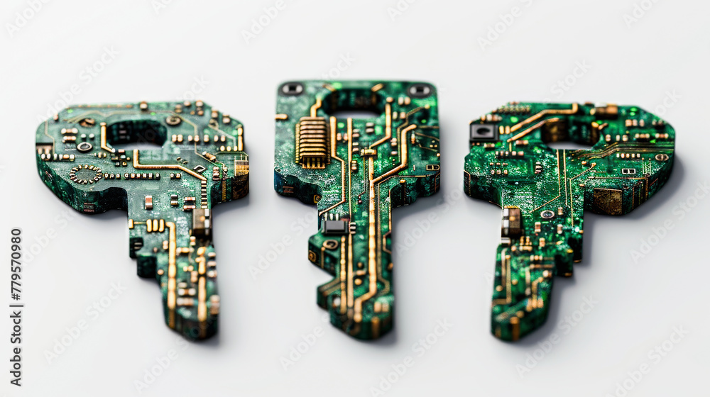 Three keys designed to resemble electronic circuit boards on a white background, showcasing a blend of technology and everyday objects.