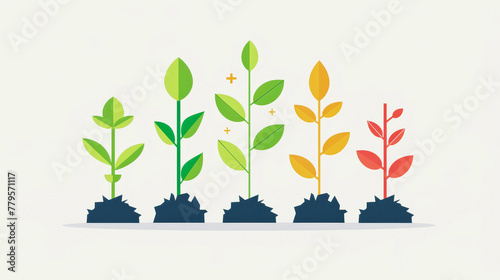 Illustration of plant growth stages, showing progression from a sprout to a mature plant with leaves changing colors as it grows.