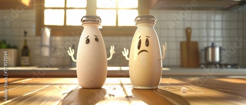 Animated salt shaker gesturing at sulking pepper, overhead light, frontal angle, kitchen dispute photo