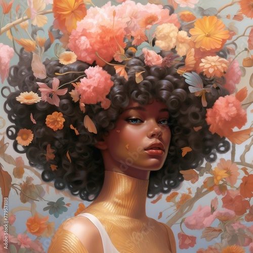 AI generated illustration of a beautiful female with a floral afro