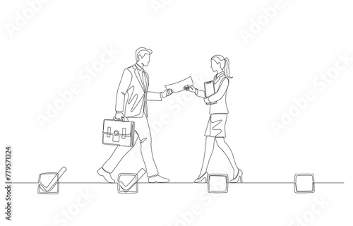 Continuous one line drawing of businessman handing document to businesswoman on checkboxes of work progress, taking over work concept, single line art.