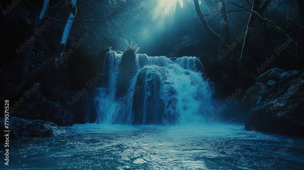 AI generated illustration of a waterfall cascading down a dark forest