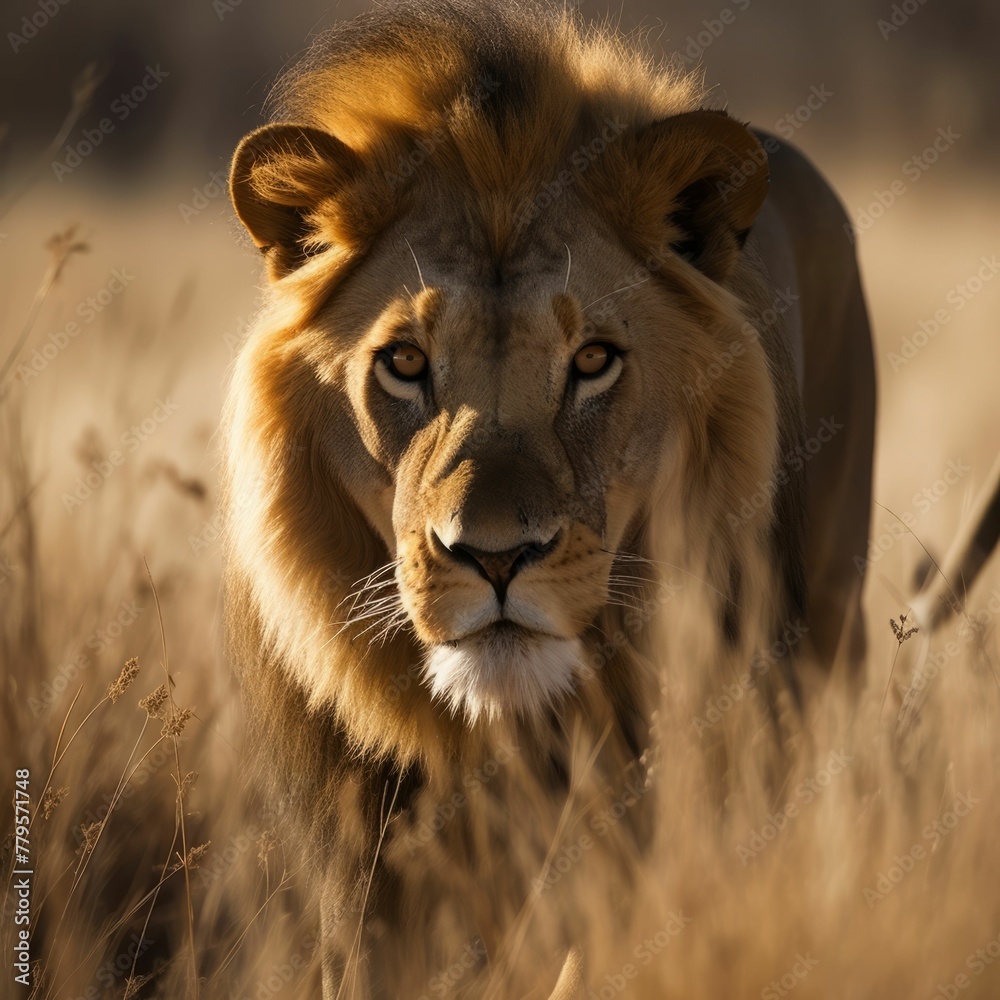 AI generated illustration of a lion striding confidently through a lush, sun-drenched grassland