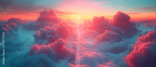 Pastel-colored ladder reaching into the clouds symbolizing growth and future opportunities. Concept Imaginative Symbolism, Future Growth, Pastel Aesthetics, Dreamy Photography, Inspirational Imagery