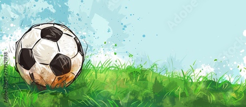 The soccer ball rests peacefully on the lush green grass field  surrounded by happy people in nature. The sky above complements the natural landscape  making it perfect for playing football