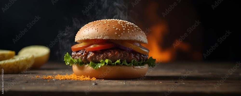 fresh prime chick patty angus or wagyu beef burger sandwich with flying ingredients and spices hot ready to serve and eat food commercial advertisement menu banner, The Evolution of Burger Culture: Fr - obrazy, fototapety, plakaty 