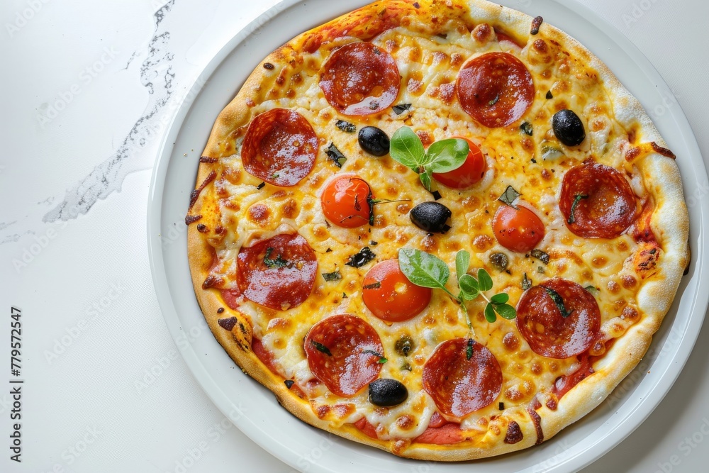 Pepperoni pizza with cheese on a white plate. Top view Pepperoni pizza with cheese on a white plate. Top view