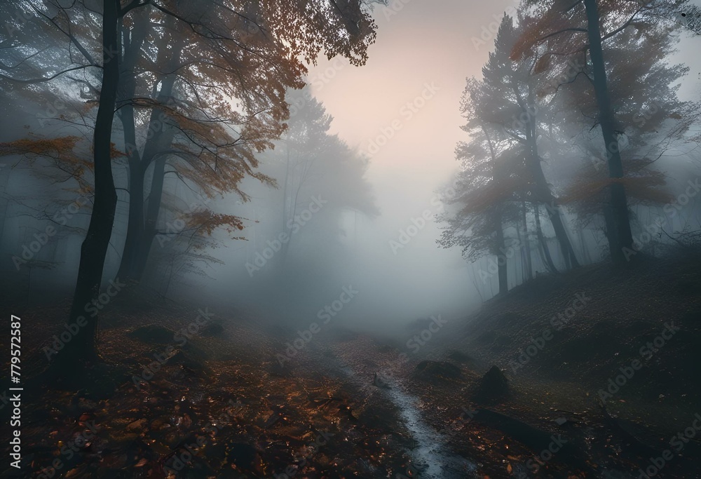 AI-generated illustration of a foggy autumn day enhancing the serene beauty of a forest trail