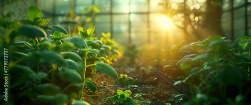 a garden with an old greenhouse at sunset and the sun setting behind the plants