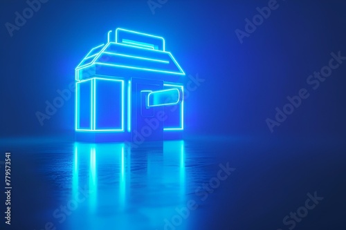 AI generated illustration of blue neon lights illuminating a bank against a dark backdrop