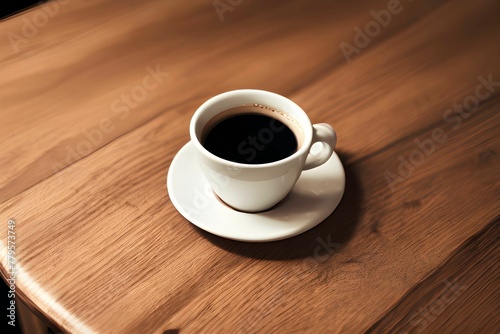 AI generated illustration of a rustic wooden table a steaming cup of freshly brewed black coffee