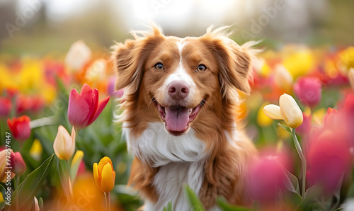 cute dog in flowers, Generative AI 