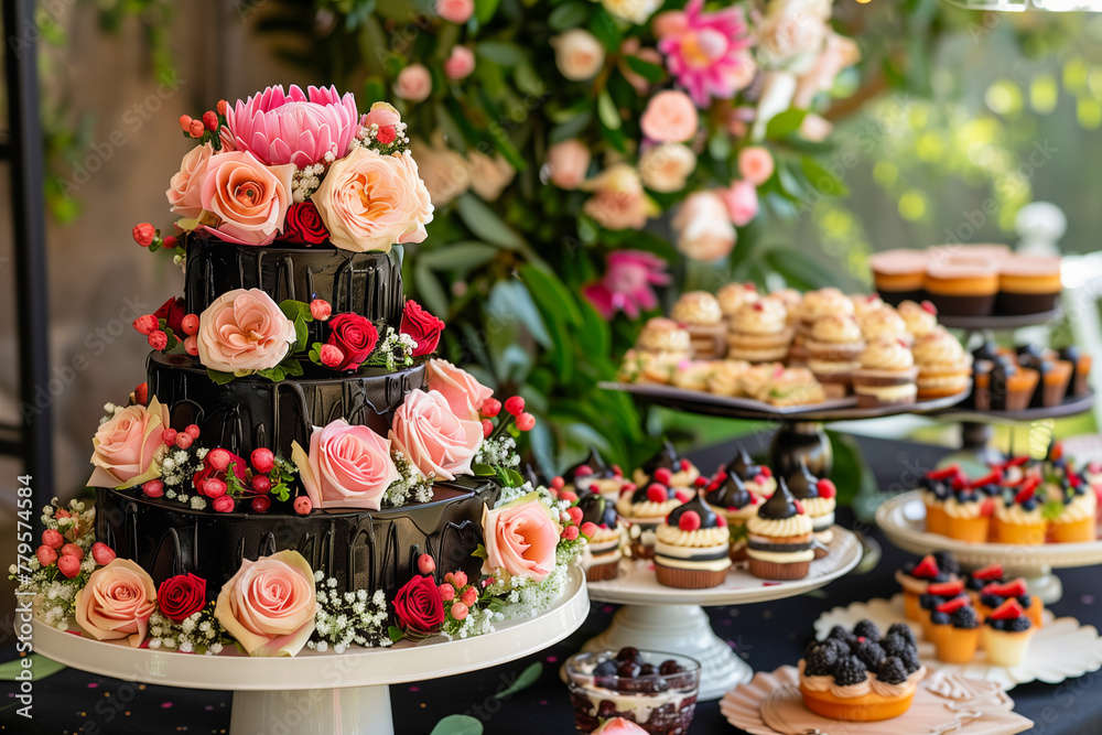 A black cake with pink flowers on top is surrounded by a variety of desserts