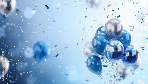 Happy birthday background with blue and silver balloons and confetti on a sky blue background