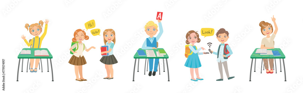 Kid Pupil Character at School Lesson Having Primary Education Vector Set