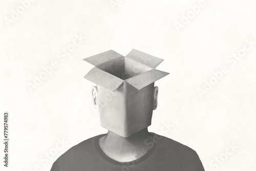 Illustration of portrait of surreal man with empty box over his head, abstract concept 