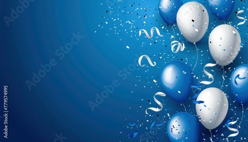 Happy birthday background with blue and silver balloons and confetti on a sky blue background