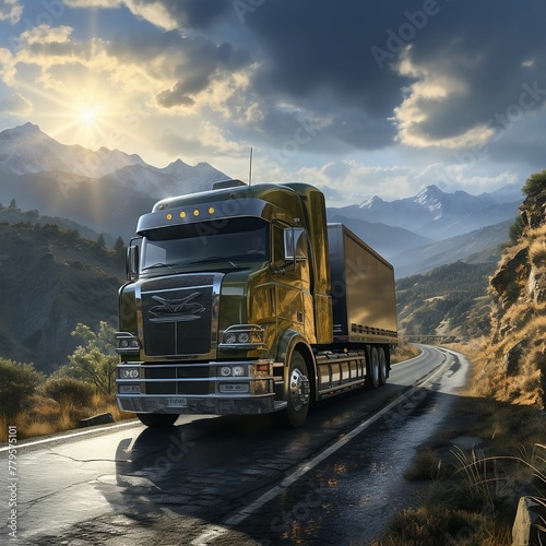 AI generated illustration of A truck driving down a winding mountain road surrounded by a cloudy sky