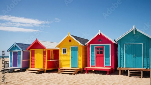 AI generated illustration of a row of colorful huts on a sandy beach