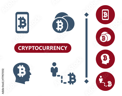 Cryptocurrency icons. Crypto currency, bitcoin, smartphone, mobile phone, coins, coin, head, thinking, investing icon