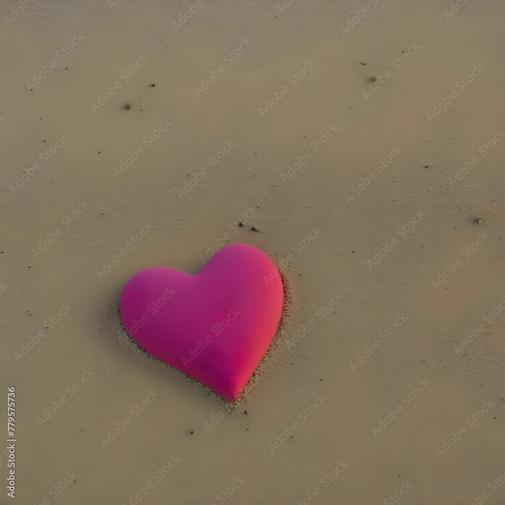 a pink heart shape in the sand at the beach, shot from above