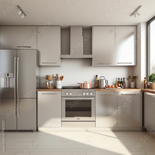 AI generated illustration of a contemporary kitchen with stainless steel appliances and accessories