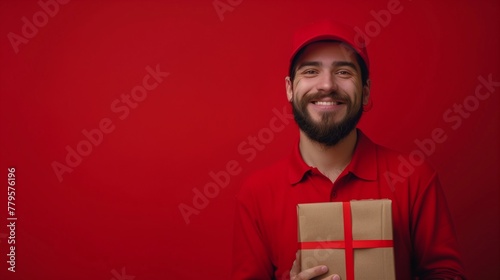 A banner with portrait of smiling bearded delivery man in red clothes with a box in his hands isolated on a red background. Horizontal photo with copy space. © Ekaterina Chemakina