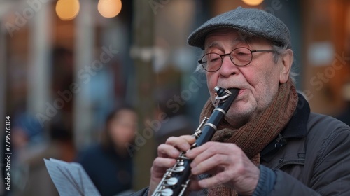 A street musician plays a clarinet, filling the air with enchanting melodies.