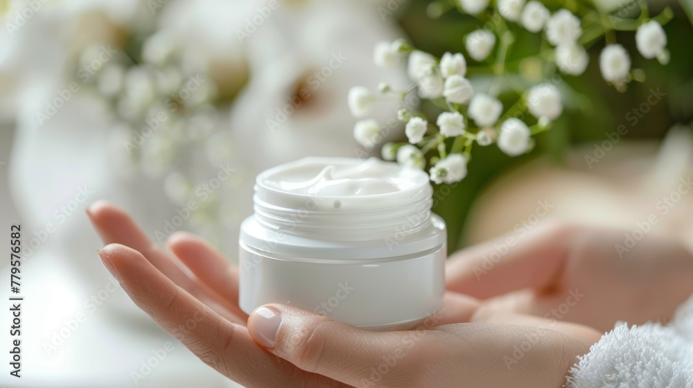 closed up hand and cream jar. Beautiful woman applying skin care cream from white cream jar, Set for spa, skin care and body products and solutions for skin problems such as scars, acne, wrinkles. closed up hand and cream jar. Beautiful woman applying skin care cream from white cream jar, Set for spa, skin care and body products and solutions for skin problems such as scars, acne, wrinkles.