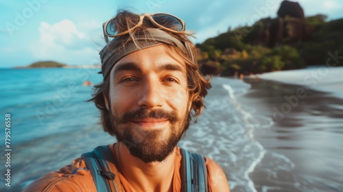close-up shot of a good-looking male tourist. Enjoy free time outdoors near the sea on the beach. Looking at the camera while relaxing on a clear day Poses for travel selfies smiling happy tropical #779576558