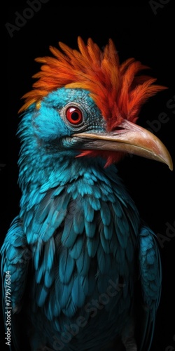 AI-generated illustration of A beautiful blue bird perched on a branch with a black background