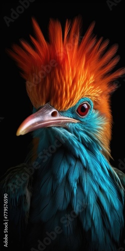 AI-generated illustration of A beautiful blue bird perched on a branch with a black background