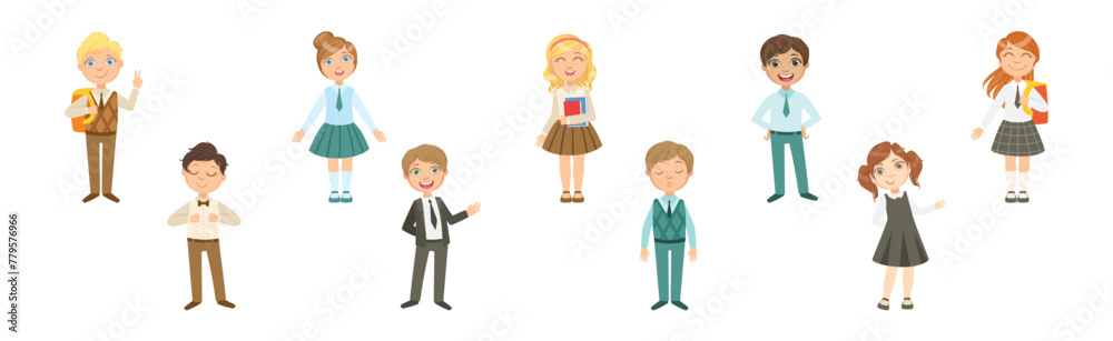 Kid Pupil Character Standing with Book Back to School Lesson Vector Set