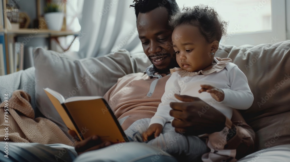 Happy black father relax and read book with baby time together at home. parent sit on sofa with daughter and reading a story. learn development, childcare, laughing, education, storytelling, practice.