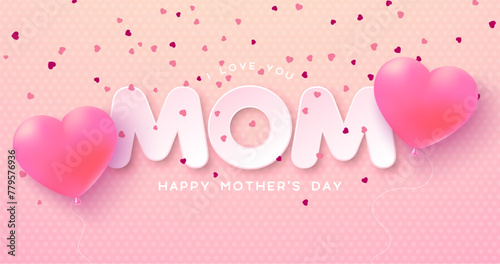 Happy Mother's Day Banner or Postcard with Hearts and Cut Out Mom Text Label on Pink Background. Vector Mommy Celebration Design with Symbol of Love for Greeting Card, Flyer, Invitation, Brochure