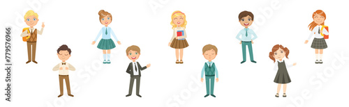 Kid Pupil Character Standing with Book Back to School Lesson Vector Set