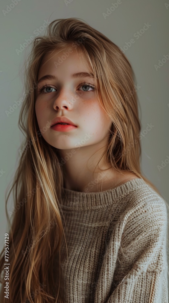 portrait of a beautiful young caucasian white American model teen girl looking forward. child ad with copy space, children, beauty, pretty portrait of a beautiful young caucasian white American model teen girl looking forward. child ad with copy space, children, beauty, pretty