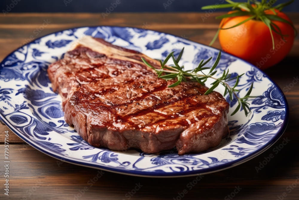 Delicious medium rare ribeye steak on a rustic plate against a ceramic mosaic background
