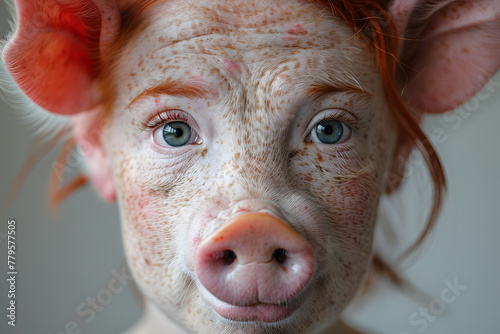 Closeup portrait of woman-pig hybrid face with pig nose and pig skin texture isolated on a white background photo